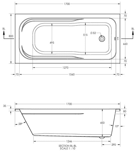 Alva Una 1.0 Acryl Wanne Combi 170x80cm, Weiß ohne Füße - AQCOM170.1