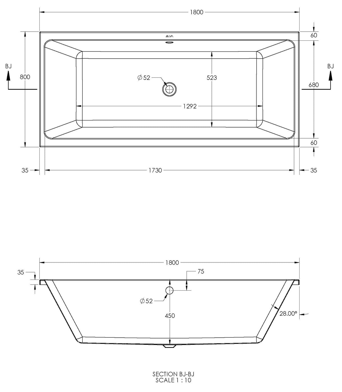 Alva Idea 1.0 Acryl Wanne Duo 180x80cm, Weiß ohne Füße - AQBWIDDUO180.1