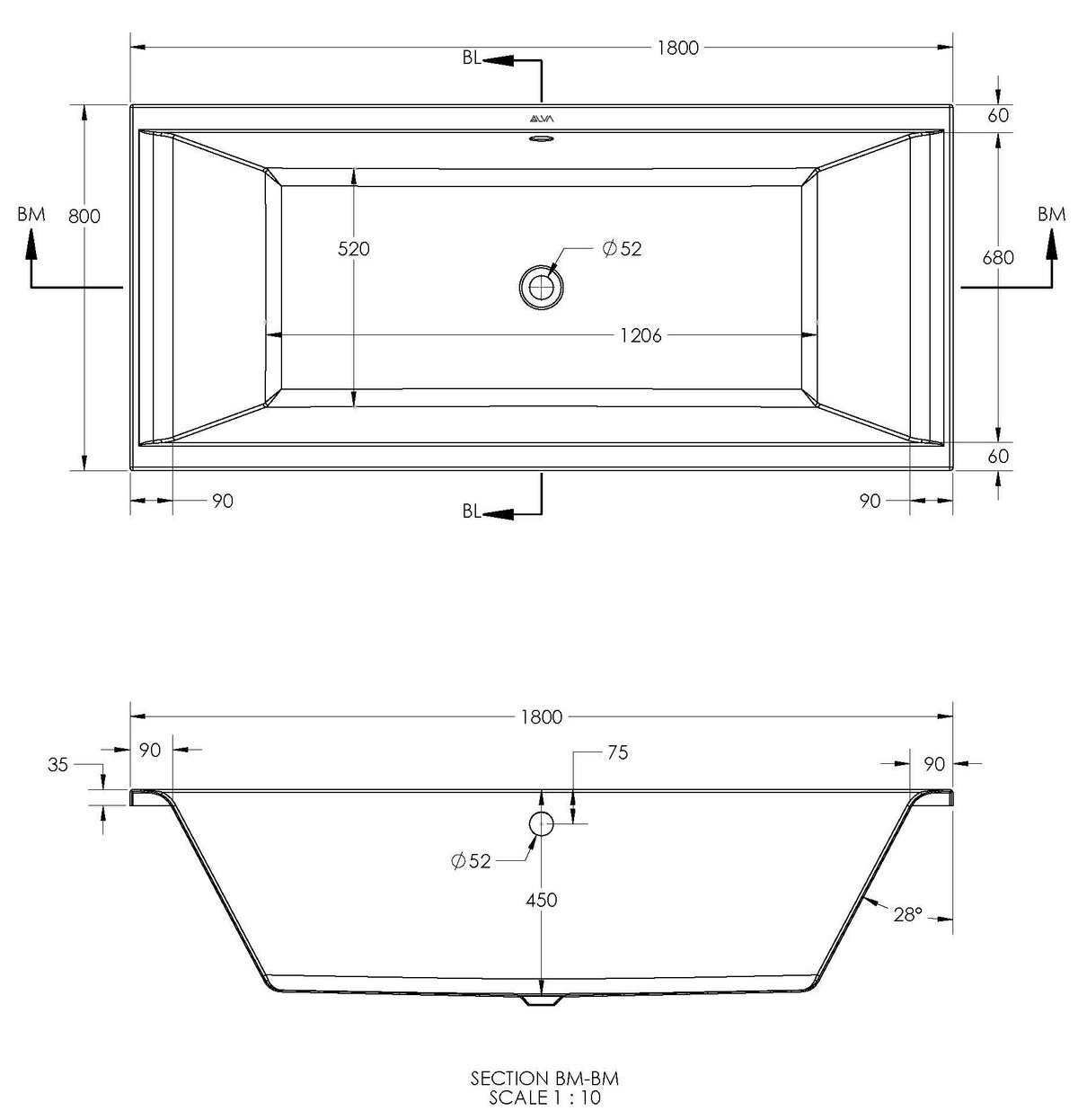 Alva Idea 1.0 Acryl Wanne Duo (P) 180x80cm, Weiß ohne Füße - AQBWIDDUOP180.1