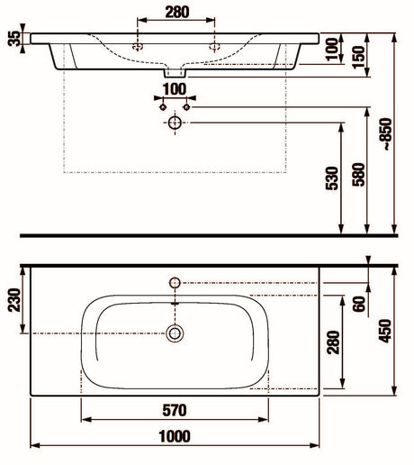 Alva Idea 1.0 Waschtisch 100x45cm, mit Hahnloch, Weiß - AQKEIDWT100.1
