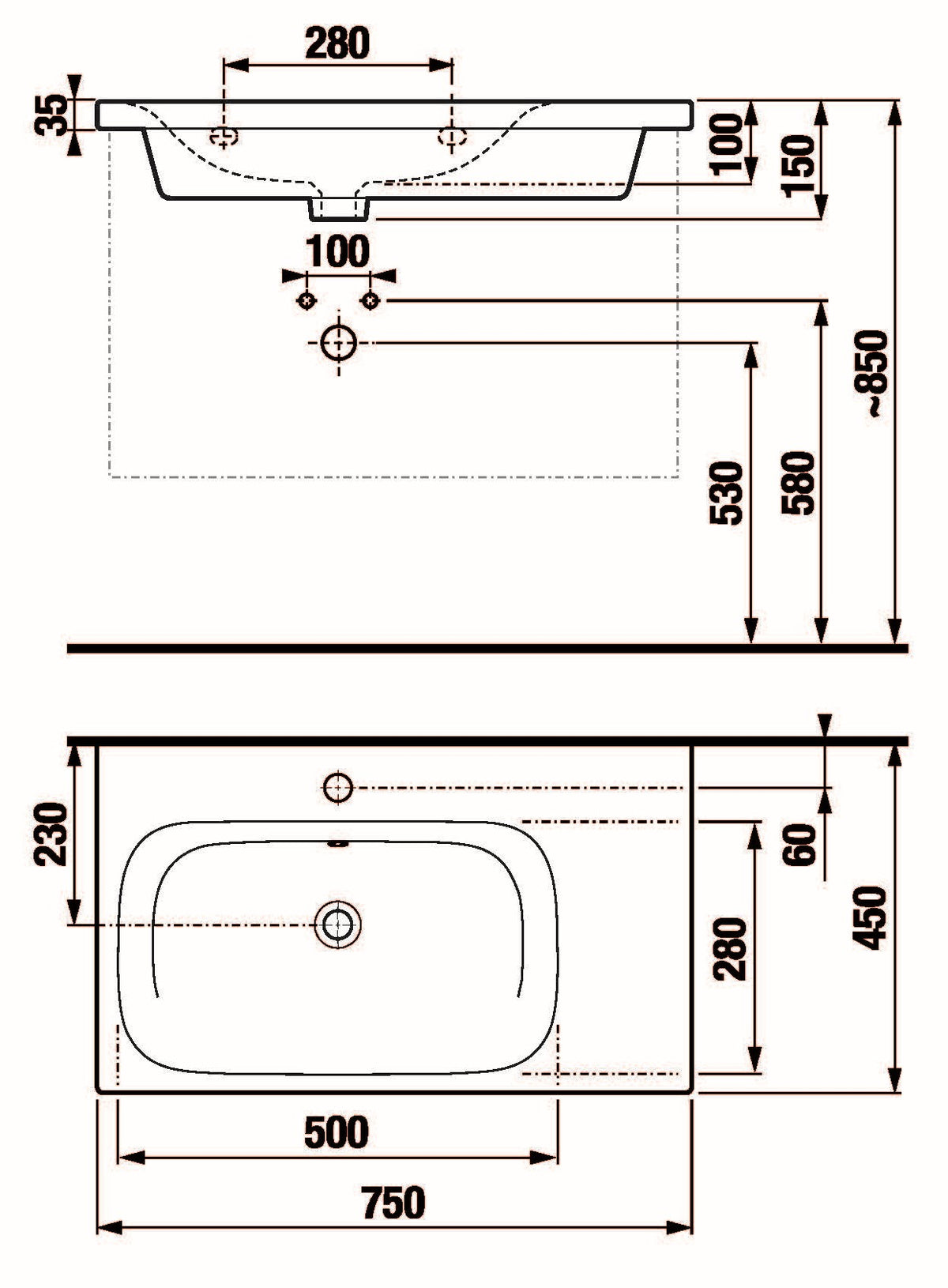 Alva Idea 1.0 WT asym. Becken links Ablage rechts, 75x45cm, m.Hahnloch, Weiß - AQKEIDWT75L.1