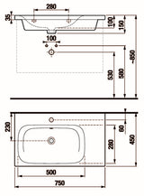 Alva Idea 1.0 WT asym. Becken links Ablage rechts, 75x45cm, m.Hahnloch, Weiß - AQKEIDWT75L.1