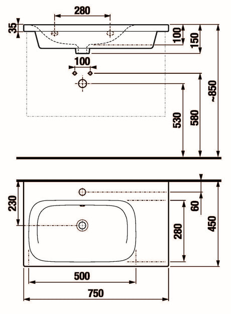 Alva Idea 1.0 WT asym. Becken links Ablage rechts, 75x45cm, m.Hahnloch, Weiß - AQKEIDWT75L.1