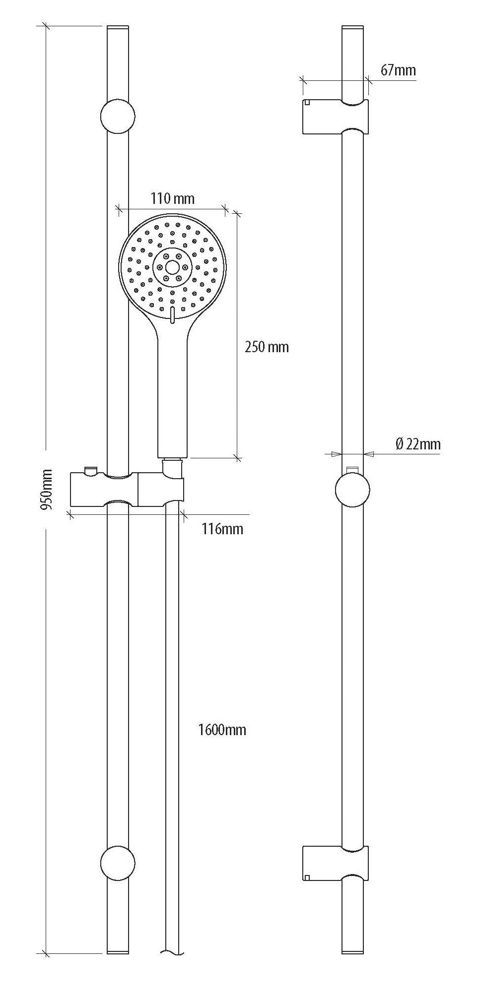 Alva Varia Brausestangenset 95cm verstb. Wandbf.,HB. 3-fach, BS 160 cm, Chrom - AQARVABS95V1