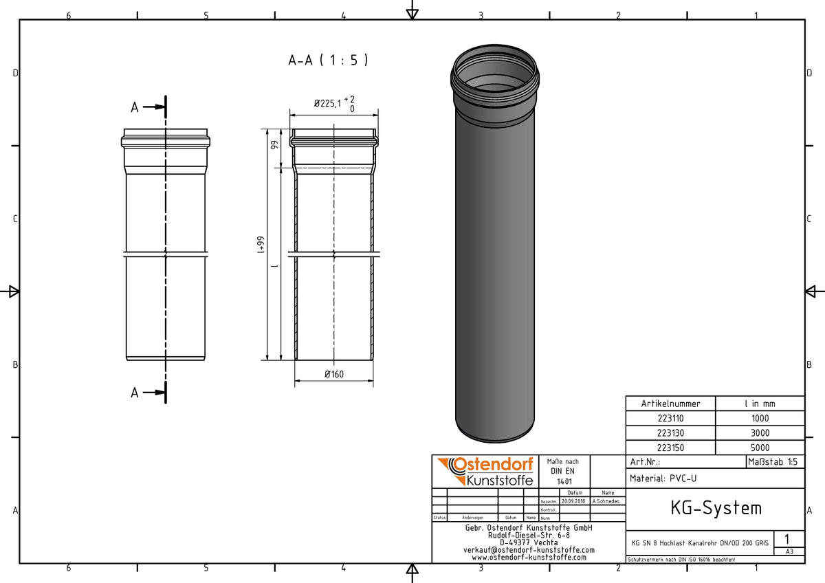 Alva PVC Kanal-Rohr SN8 DN 200/da 200x5000mm - SN8R200.5000