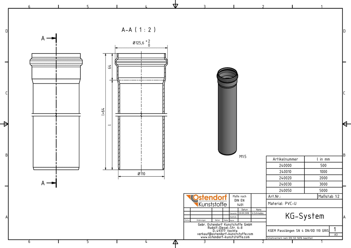Alva PVC Kanal-Rohr SN4/SN8 DN 100/da 110x500mm - KANR100.500