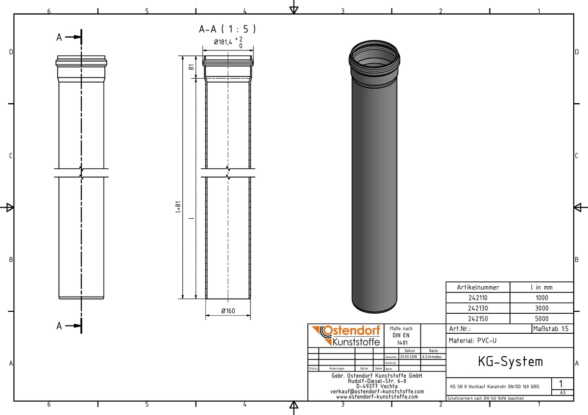 Alva PVC Kanal-Rohr SN8 DN 150/da 160x3000mm - SN8R150.3000