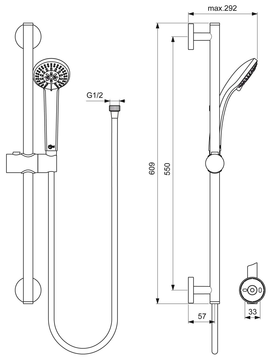 Alva Una Brausestangenset 60cm Handbrause 3-fach,Brauseschl.150cm,Chrom - AQBS