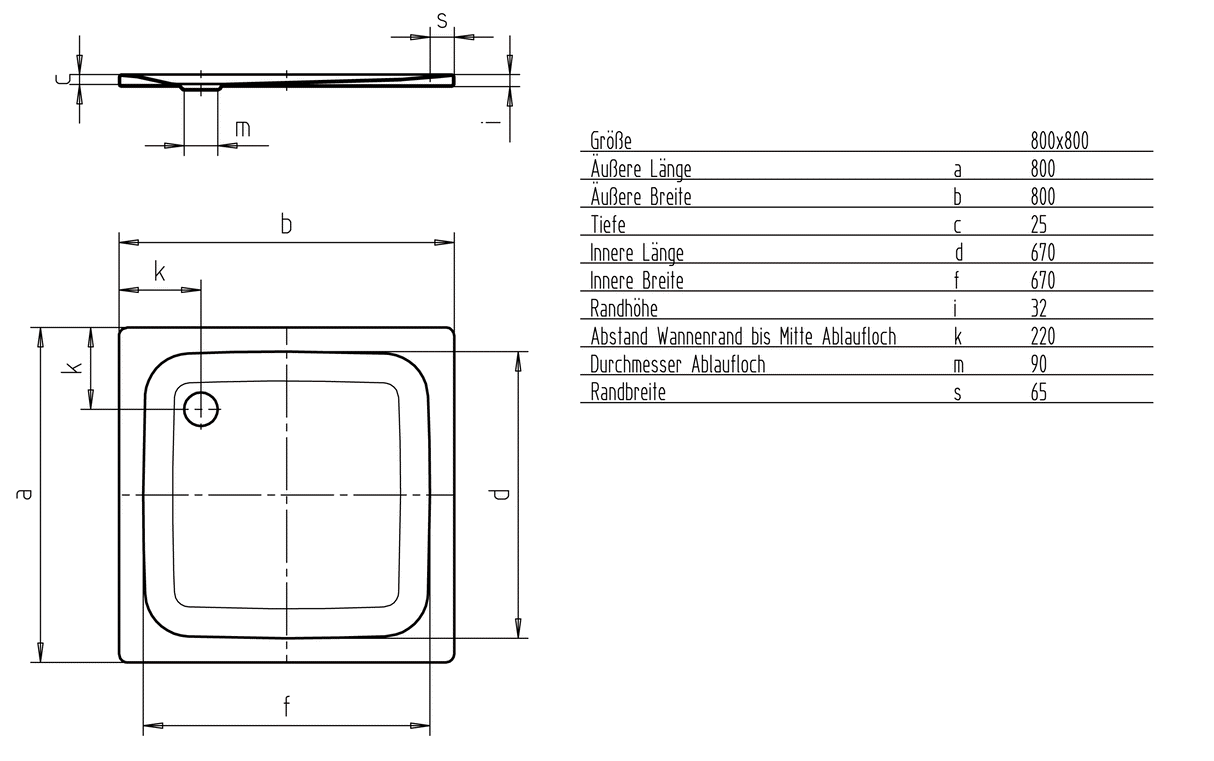 Alva Forta Stahlemail Brausetasse 80x80x2,5cm, schweres Mod.,Weiß oh.Füsse - AQBTFOBT80FS