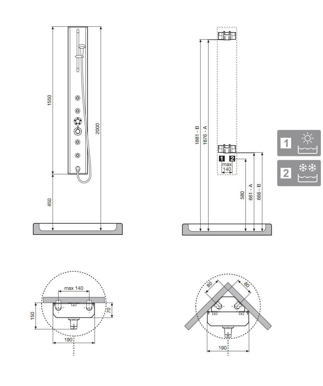 Alva Spa Duschpaneel 19 x 155cm Thermostat, Silber Glanz - AQARSPDP3
