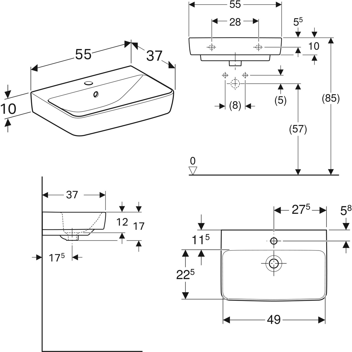 Alva Prima Waschtisch 55x37cm eckig, geringe Auslad., m. Hahnloch,Weiß - AQKEPRWT55GA