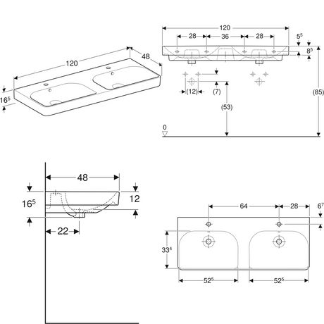 Alva Prima Doppelwaschtisch 120x48 mit 2 Hahnlöcher, Weiß - AQKEPRDWT120
