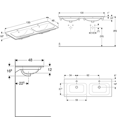 Alva Prima Doppelwaschtisch 130x48 mit 2 Hahnlöcher, Weiß - AQKEPRDWT130