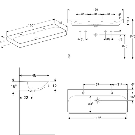 Alva Prima Doppelwaschtisch 120x48 1 Becken, mit 2 Hahnlöcher, Weiß - AQKEPRDWT1201