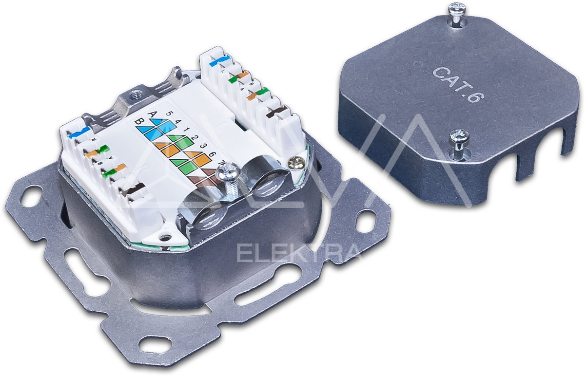 Alva KAT.6 Unterputzdose komplett 2xRJ45 Schrägauslass geschirmt, RAL9010, LSA+ - DD-KAT6-2-UP-9010