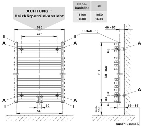 Alva Una Badheizk. gebog. aufgeset. Mittenanschluss, 163,8x60cm, Weiß - AQBHK164GM