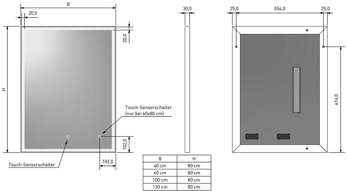 Alva Forta Lichtspiegel 100x80cm Aufh. hoch+quer, Touchschalt., LED 14,4W - AQBMFOLS3