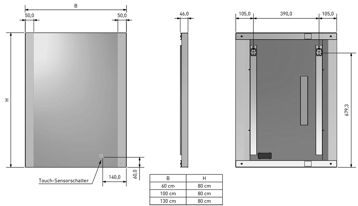 Alva Forta Lichtspiegel 130x80cm Aufh. hoch+quer, Touchschalter, LED 8W - AQBMFOLS7