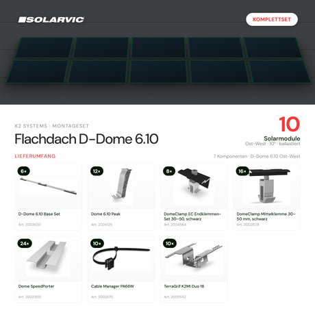 K2 Systems Montageset Flachdach D-Dome 6.10 für 10 Solarmodule
