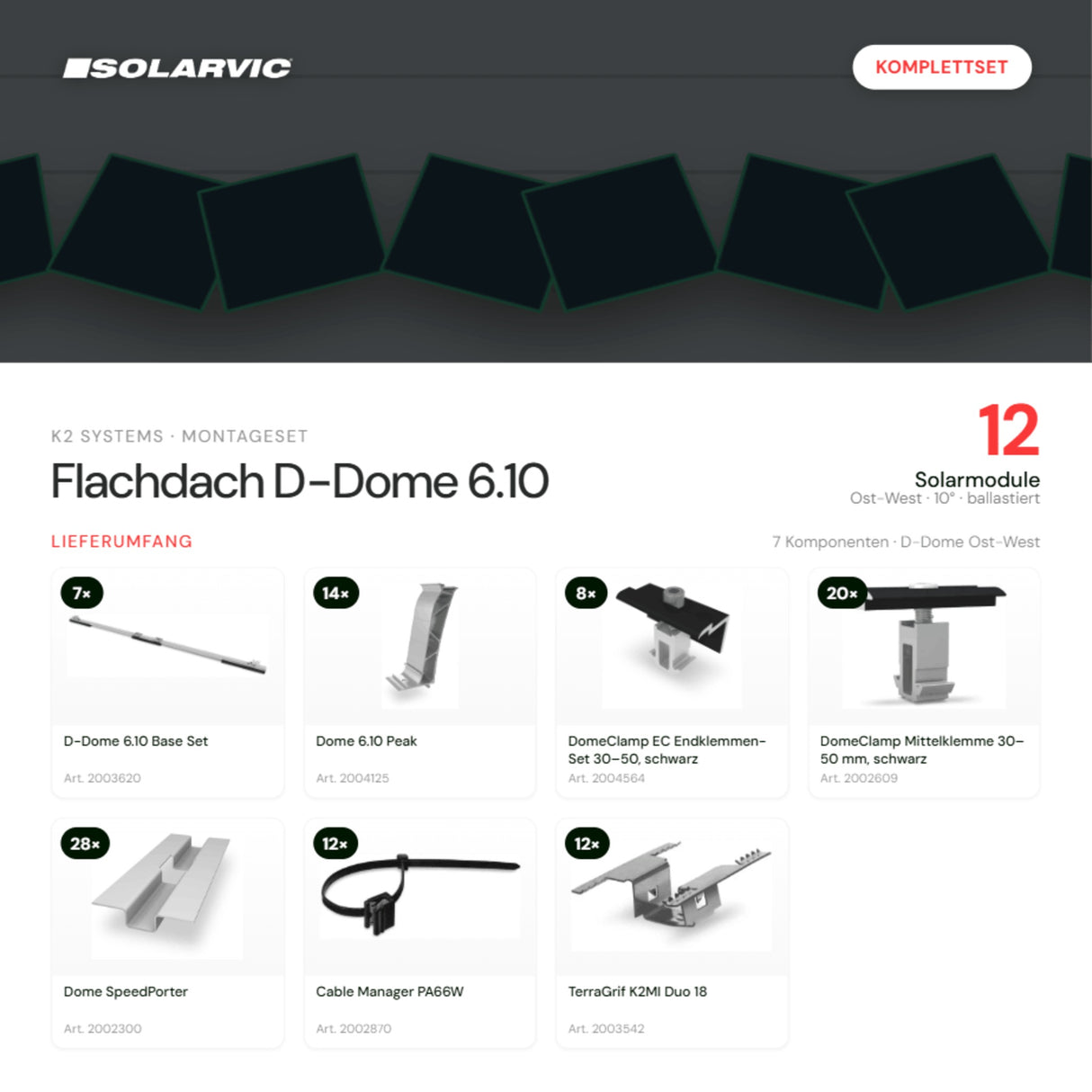 K2 SYSTEMS Montageset Flachdach D-Dome 6.10 – 12 Solarmodule: Lieferumfang Komplettset