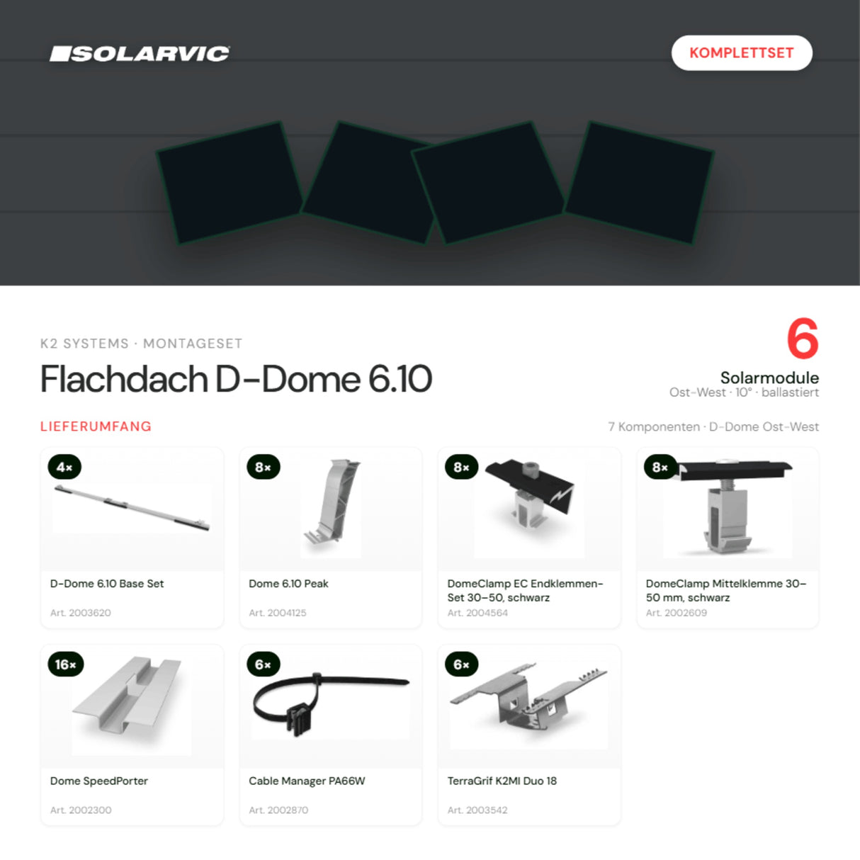 K2 SYSTEMS Montageset Flachdach D-Dome 6.10 – 6 Solarmodule: Lieferumfang Komplettset