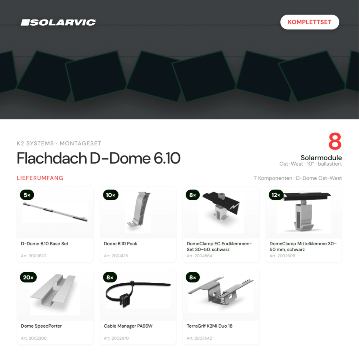 K2 SYSTEMS Montageset Flachdach D-Dome 6.10 – 8 Solarmodule: Lieferumfang Komplettset