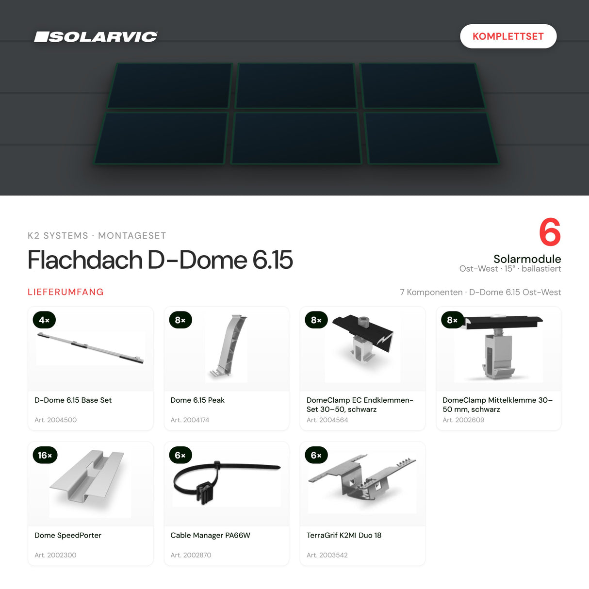 K2 Systems Montageset Flachdach D-Dome 6.15 für 6 Solarmodule