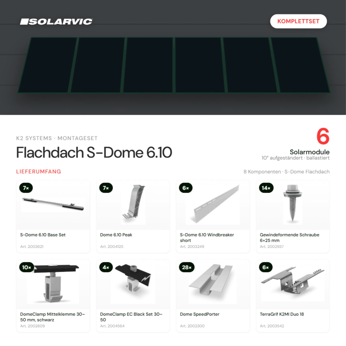 K2 SYSTEMS Montageset Flachdach S-Dome 6.10 – 6 Solarmodule: Lieferumfang Komplettset
