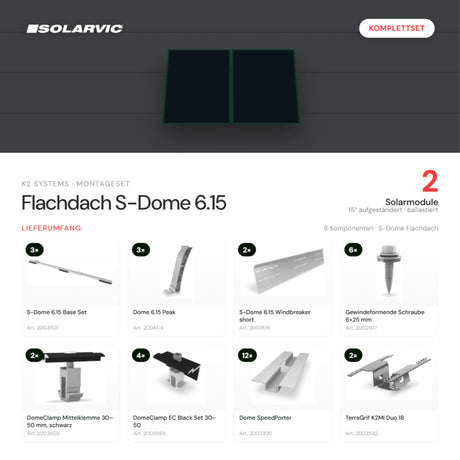 K2 SYSTEMS Montageset Flachdach S-Dome 6.15 – 2 Solarmodule: Lieferumfang Komplettset