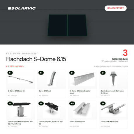 K2 SYSTEMS Montageset Flachdach S-Dome 6.15 – 3 Solarmodule: Lieferumfang Komplettset