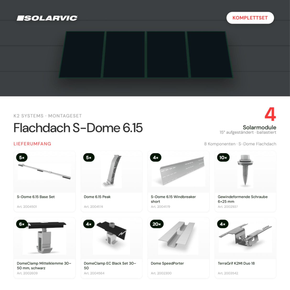 K2 SYSTEMS Montageset Flachdach S-Dome 6.15 – 4 Solarmodule: Lieferumfang Komplettset