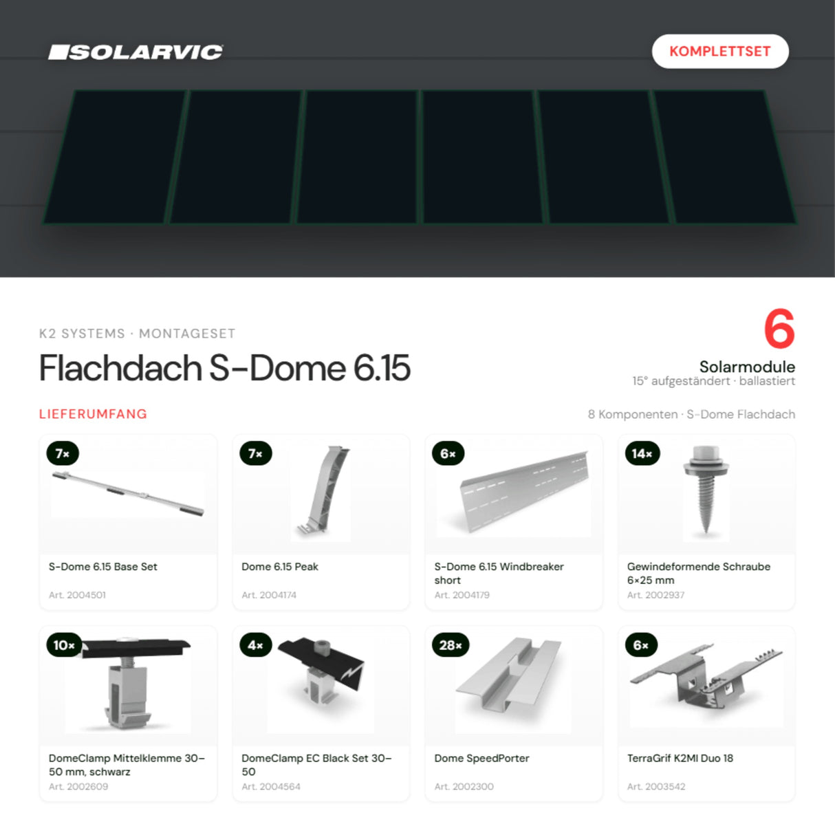 K2 SYSTEMS Montageset Flachdach S-Dome 6.15 – 6 Solarmodule: Lieferumfang Komplettset