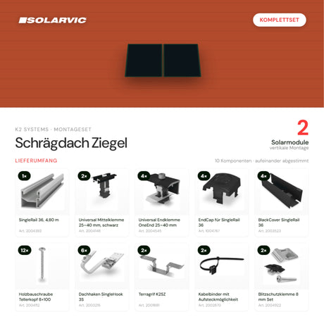 K2 SYSTEMS Montageset Schrägdach Ziegel – 2 Solarmodule: Lieferumfang Komplettset