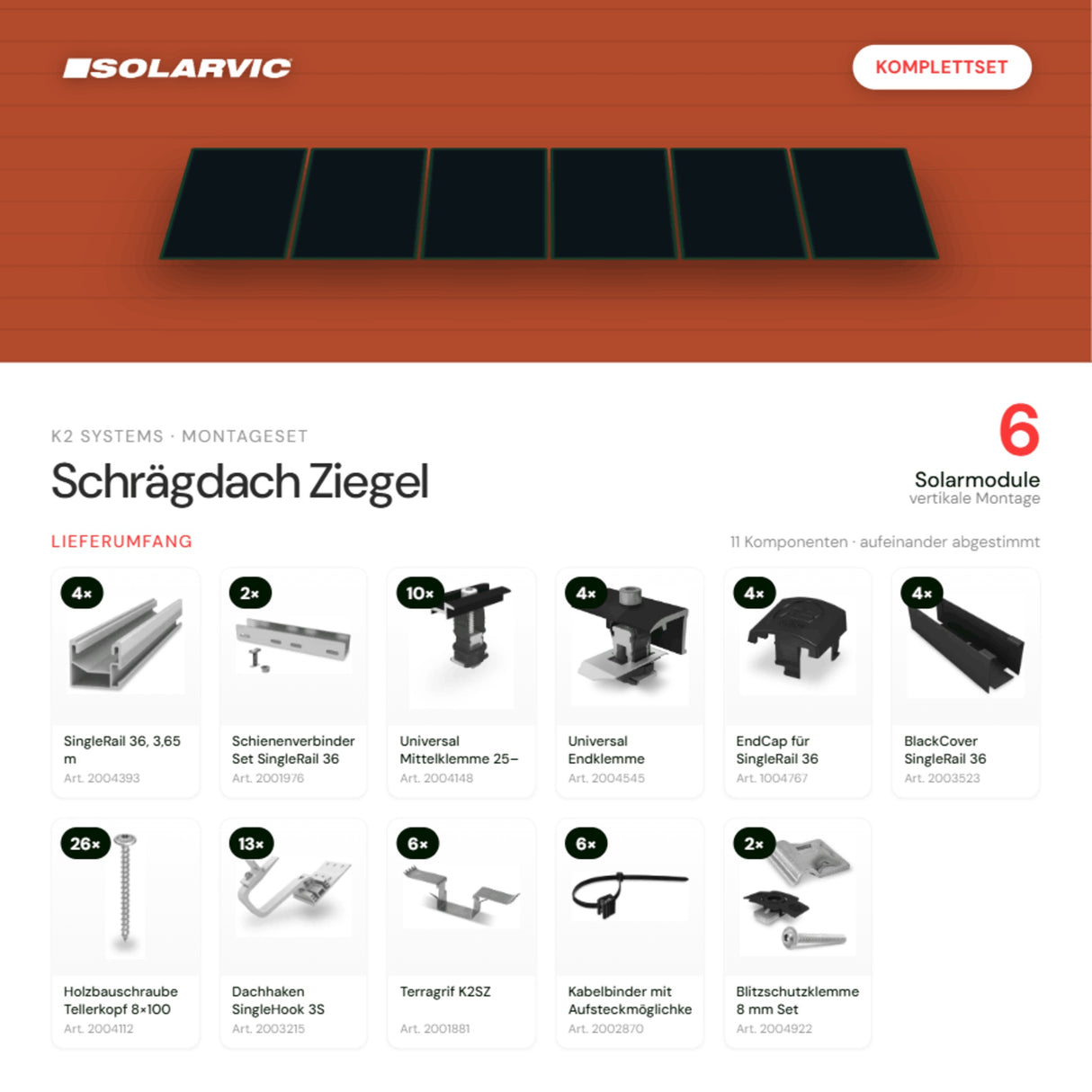 K2 SYSTEMS Montageset Schrägdach Ziegel – 6 Solarmodule: Lieferumfang Komplettset