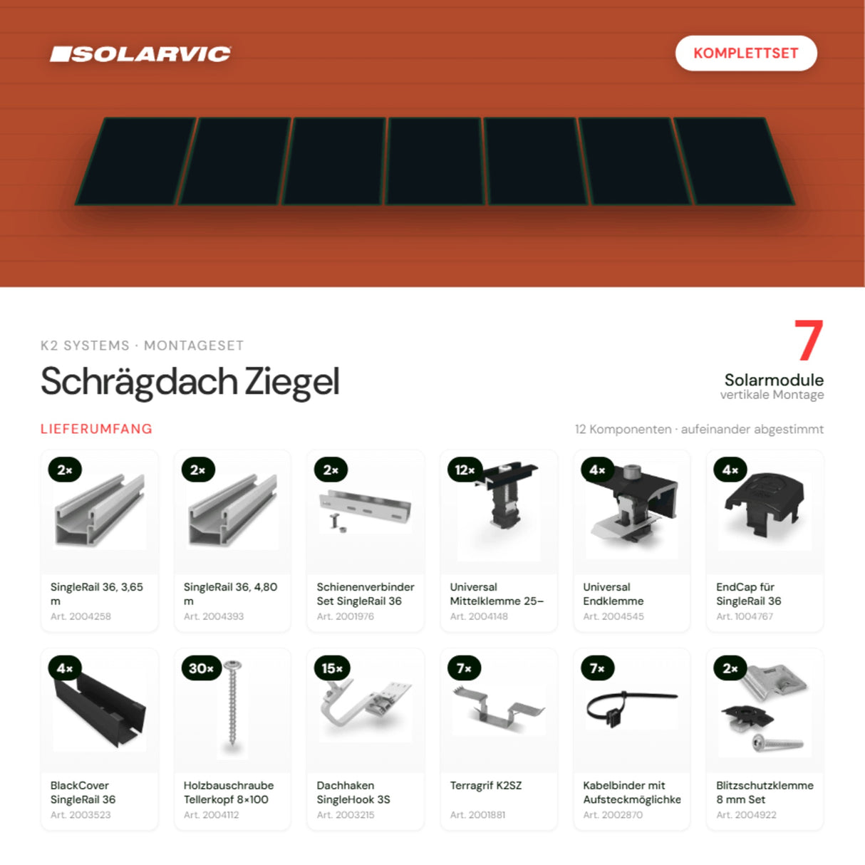 K2 SYSTEMS Montageset Schrägdach Ziegel – 7 Solarmodule: Lieferumfang Komplettset