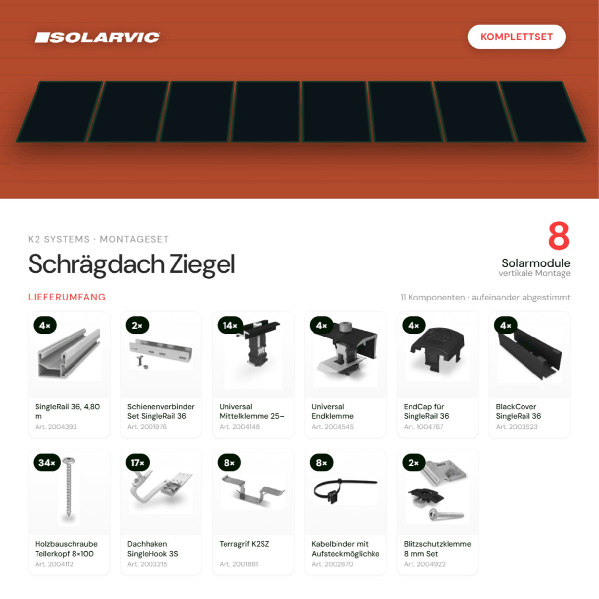 K2 SYSTEMS Montageset Schrägdach Ziegel – 8 Solarmodule: Lieferumfang Komplettset