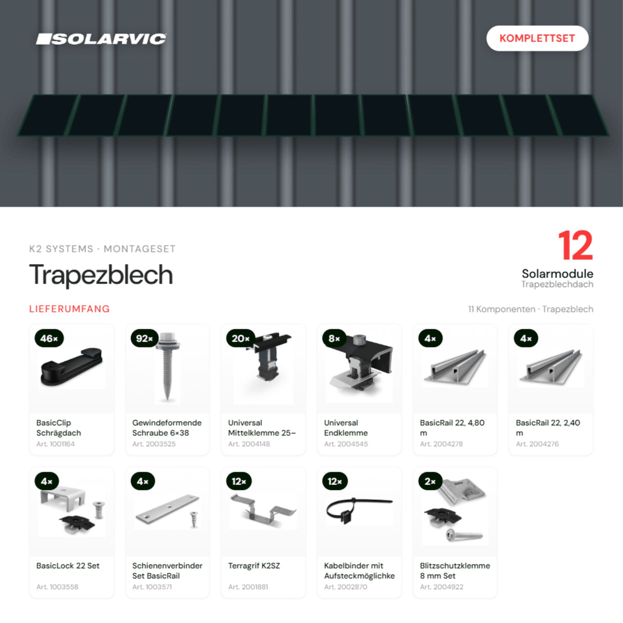 K2 SYSTEMS Montageset Trapezblech – 12 Solarmodule: Lieferumfang Komplettset