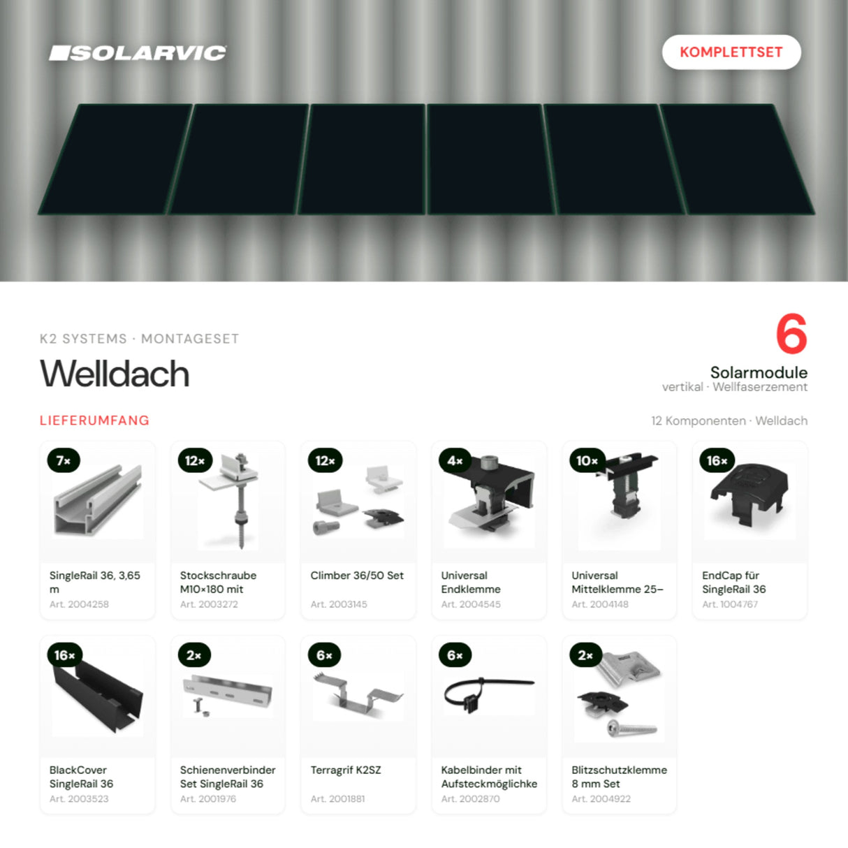 K2 SYSTEMS Montageset Welldach Vertikal – 6 Solarmodule: Lieferumfang Komplettset